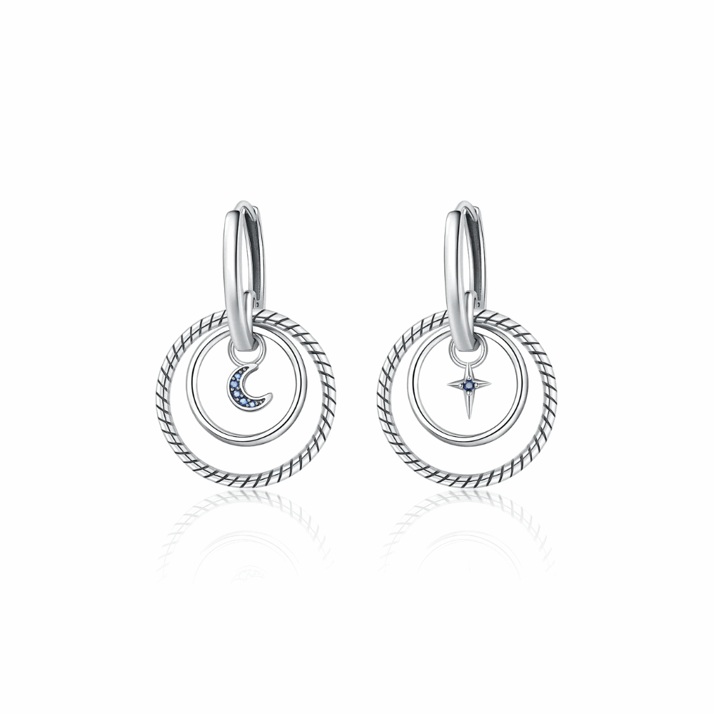 Kolczyki koła srebrne – podwójne koła z księżycem i gwiazdą