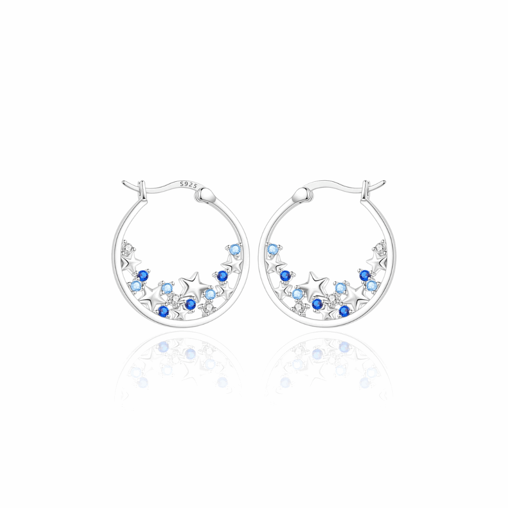 Kolczyki koła srebrne – gwiazdy i błękitne kamienie