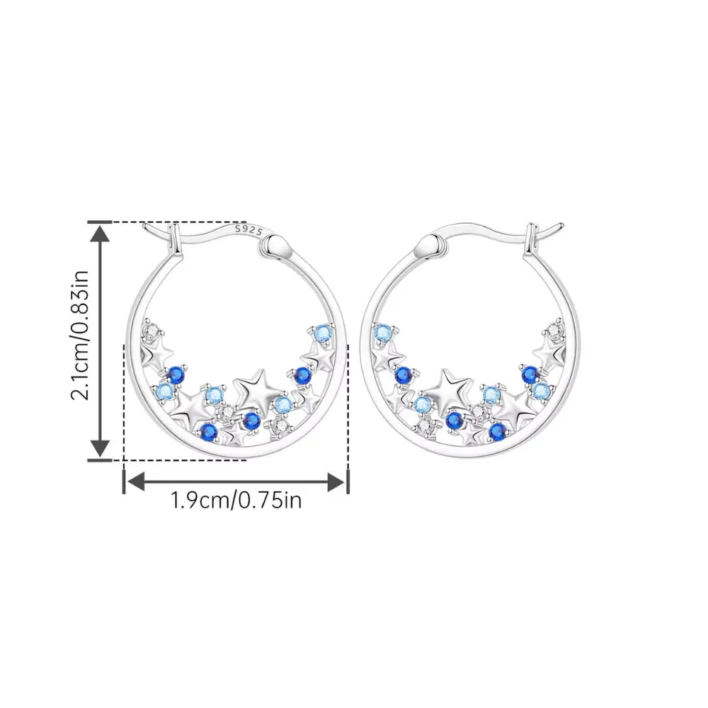 Kolczyki koła srebrne – gwiazdy i błękitne kamienie